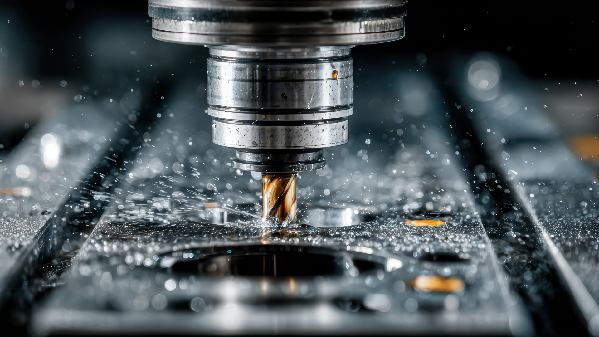 CNC milling machine cutting into metal, creating sparks.